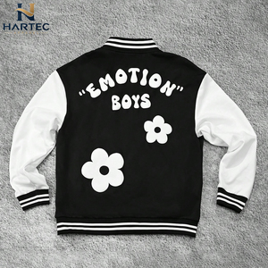 Veste universitaire en laine noire de qualité supérieure, style streetwear, avec manches blanches, appliqué floral, boutons pression, style Letterman - Product Image 2