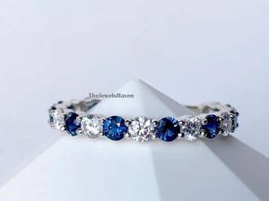 Round Cut Blue Sapphire Moissanite Full <b>Eternity</b> Band 925 Solid Sterling <b>Silver</b> Royal Blue Sapphire Wedding <b>Ring</b> For Her - Product Image 2