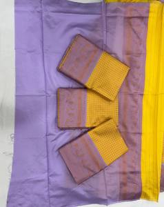 Sari Tradicional de Algodón y Seda Suave en Amarillo Mostaza con Borde Pastel en Contraste, Sin Arrugas, Protección Solar, Ropa Étnica para Mujer, para Bodas - Product Image 6