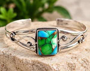 Brazalete de Plata de Ley con Dalia de Pavo Real y Turquesa – Joyería de Piedras Preciosas con Mosaico Colorido, Joyería Artesanal al por Mayor - Product Image 4