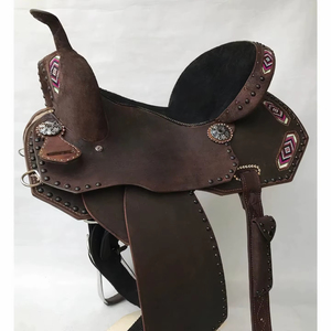 Dark Brown Western Barrel Horse Saddle Hand Tooled Brown Studs Flower Conchos Black Suede Seat - Product Image 1