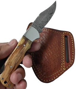 Cuchillo Plegable de Acero de Damasco de Grado Industrial Hecho a Mano con Mango de Madera y Funda de Cuero para Acampar al Aire Libre - Product Image 3