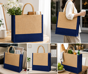 Eco-Friendly Jute Shopping <b>Bag</b> <b>Medium</b> <b>Size</b> Navy Blue Trim Rope Handle Custom Logo Grocery Tote - Product Image 5