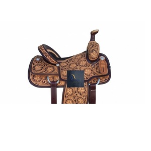 Western Brown Leather Barrel Racing Horse Saddle Tan Floral Hand Tooled Design Hard Seat SS Fitting With Tack Set 10"-18" Inch - Product Image 2