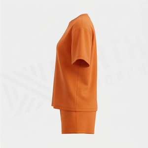 Ensemble décontracté 2 pièces tricoté pour femme : T-shirt orange uni à manches courtes et short au-dessus du genou, coupe ample, idéal printemps-été - Product Image 3