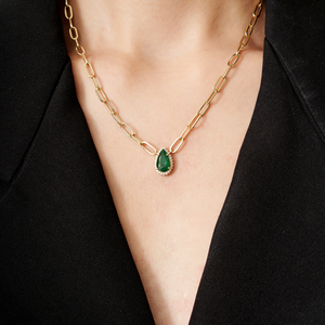 Luxurious Most Trending Handcrafted Pear Shape <b>Emerald</b> & Diamond Cluster <b>Pendant</b> Necklace Stacked Jewelry 14K Yellow Gold - Product Image 4
