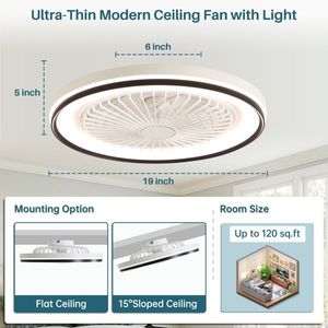 19-Inch RGB Dimmable LED Enclosed <b>Ceiling</b> Fan with <b>Light</b> Flush Mount Bladeless 6 Speed <b>Remote</b> <b>Control</b> for Bedroom & Party - Product Image 2