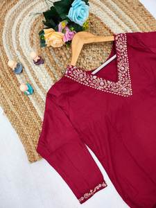 Ensemble Kurti et Palazzo en Rayonne pour Femme, Manches Trois Quarts, Doublure en Coton, Col en V, Dupatta à Imprimé Placé, Tailles S-3XL - Product Image 5