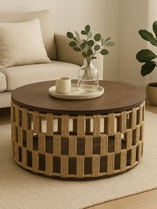Mesa de Centro Redonda Moderna Hecha a Mano con Madera de Teca y Cuerda Tejida, Mueble Ecológico Minimalista para Sala de Estar - Product Image 2
