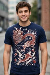 Kaos Pria Lengan Pendek Biru Dongker Kerah O Gaya Jepang dengan Cetakan Naga Ikan Koi 100% Poliester Bernapas - Product Image 2