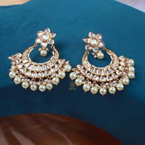 Anishi Gold Plated Copper Pearl Polki Designer Chandbali Pendant Earrings with Emerald - Product Image 1