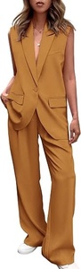 Women's Sleeveless <b>Blazer</b> <b>Set</b> Solid Color Crepe Fabric Two Piece Suit Casual Spring Summer Notched Collar Regular Fit - Product Image 4