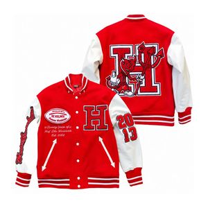 Veste universitaire pour homme grande taille de haute qualité, corps en laine rouge, manches en cuir blanc, respirante, coupe oversize, style streetwear - Product Image 1