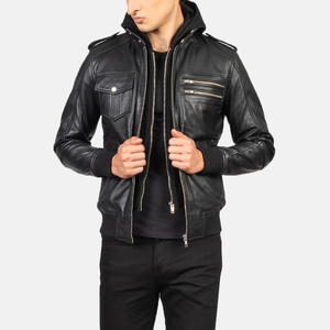 Hooded Distressed Black Leather Vintage Motorcycle Retro Biker <b>Jacket</b> Hooded Leather Bomber <b>Jacket</b> Men Latest <b>jacket</b> for men - Product Image 6