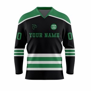 Custom Sublimated Ice Hockey Jersey Black Green Striped V-Neck Full Sleeve Breathable Polyester Uniform for Adults - Product Image 2