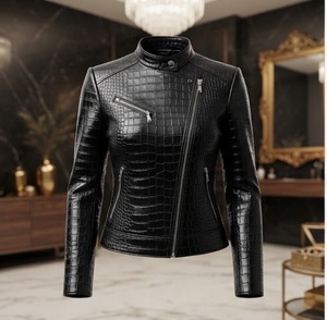 Blouson Moto Femme en Cuir PU Gaufré Façon Croco Noir, Col Montant, Manches Longues, Longueur Standard, Fermeture Éclair, Automne - Product Image 1