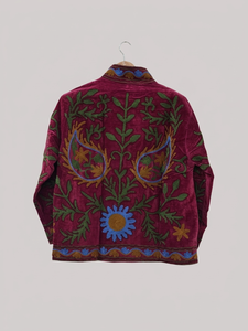 Custom <b>Women</b> Burgundy Wine Red <b>Velvet</b> Suzani <b>Jacket</b> Stand Collar Blue Floral Paisley Embroidered Boho Vintage Open Front Coat - Product Image 2