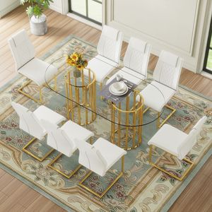 Tavolo da Pranzo Ovale di Lusso in Vetro Temperato da 71 Pollici con Sedie in PU Bianco di Alta Qualità con Doppia Colonna Dorata, Set da Pranzo - Product Image 2