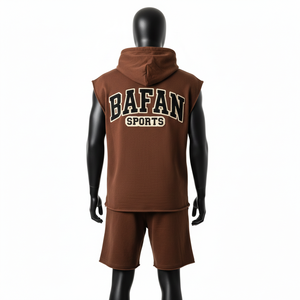 Ensemble short et sweat à capuche sans manches 100 % coton pour homme, en molleton de coton épais, marron, avec bords bruts et logo brodé - Product Image 2