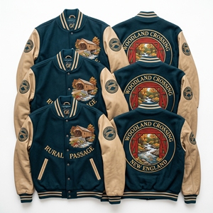 Chaqueta Letterman al por mayor, cuerpo de lana color carbón, mangas de cuero color rosa empolvado, bordado de arco de viaducto, abrigo universitario de béisbol - Product Image 6