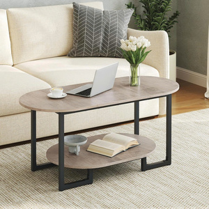 Modern Oval Coffee <b>Table</b> 2 Tier Wooden Lounge Center <b>Table</b> Black Metal Frame Living Room Tea <b>Sofa</b> Side <b>Table</b> Storage Shelf Desk - Product Image 2