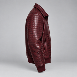 Chaqueta de Invierno Mego Industry para Hombre, con Cuello Alto, Estampado Animal, Cuero PU Grabado Color Borgoña, Estilo Urbano, Ecológica, Hecha a Mano, con Cierre de Cremallera de Lujo - Product Image 5