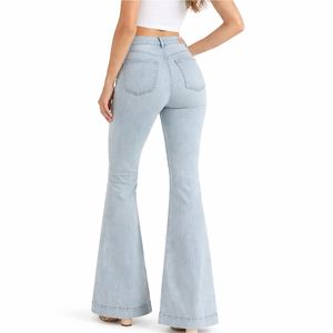 Jeans de mujer de color azul claro, corte acampanado, cintura alta, pantalones de mezclilla con corte de campana, ajuste cómodo para mujer. - Product Image 3
