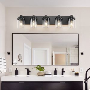 Lampada da Bagno Moderna a 5 Luci, Applique da Parete da 31 Pollici con Paralume in Vetro Nero e Specchio, Illuminazione per Vanità - Product Image 2