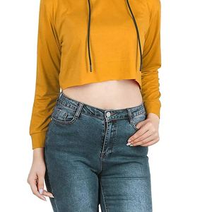 Hoodie court jaune moutarde pour femme, à manches longues, en tricot uni, style automne, vêtement décontracté - Product Image 5