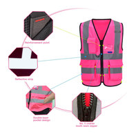 High Visibility Reflective Safety Vest Pink Polyester Unisex Workwear with Multiple Pockets