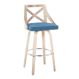 Sgabello da bar Charlotte da 30 pollici a altezza fissa con base girevole, in legno bianco anticato e tessuto blu, poggiapiedi in metallo cromato, stile rustico - Product Image 2