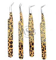 Pince à épiler pour cils et manucure en acier inoxydable à imprimé léopard avec logo personnalisé, pointe dorée, antistatique, durable, 10 mm
