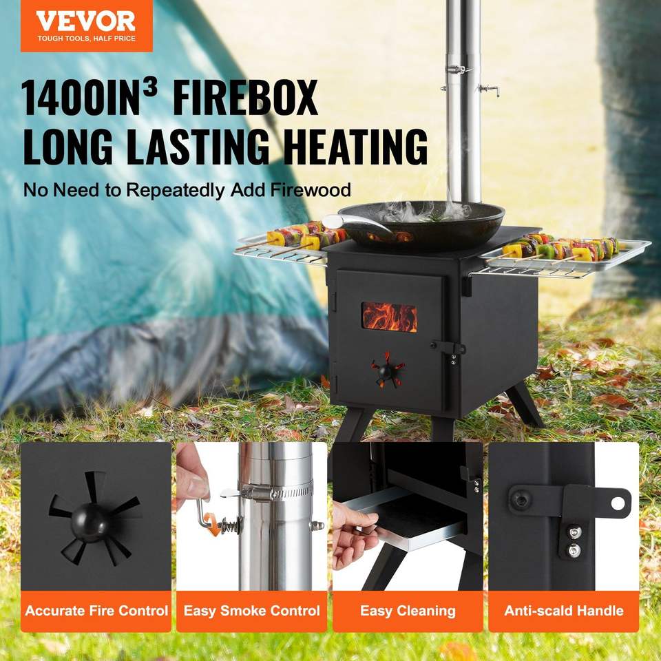 86-Inch Portable Alloy Steel Wood Stove for Outdoor Cooking & Heating 1400in³Firebox with 8 Chimney Pipes & Gloves for Camping