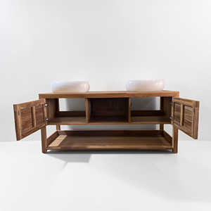Teak Wood Bathroom Vanity Double Sink Cabinet <b>Wall</b> Mounted <b>Floating</b> Storage Drawers <b>Unit</b> for Modern Washroom Furniture Wholesale - Product Image 3
