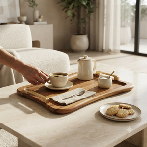 Bandeja de Servir de Madera Hecha a Mano con Asas de Metal, Bandeja Grande para Café, Té, Desayuno, Comida, Decoración de Mesa para Hogar, Restaurante, Hotel - Product Image 3