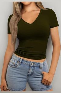 Camiseta Casual de Manga Corta con Cuello en V para Mujer, Tejido de Algodón Transpirable, Suave y Agradable al Tacto, para Uso Diario, con Logotipo Personalizado - Product Image 5