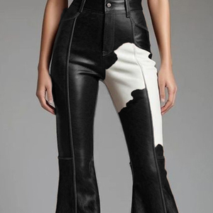 High Waisted <b>Flare</b> Pants <b>Cow</b> <b>Print</b> Spliced Leather Look Casual Autumn Style Button Fly Midweight Woven Fabric - Product Image 3