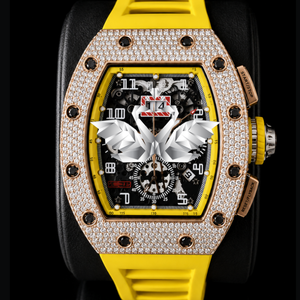 Custom Luxury Iced Out Moissanite <b>Skeleton</b> Chronograph <b>Watch</b> for Men, Yellow Rubber Strap, Full Diamond Paved Hip Hop Wristwatch - Product Image 1