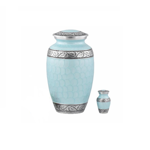 <b>Light</b> Blue Aluminum Cremation Urn Set Silver <b>Leaf</b> Bands Handmade Eco-Friendly Large Capacity Decorative Memorial Urns for Ashes - Product Image 1