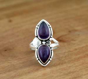 Anillo de Amatista Natural al por Mayor, Plata de Ley 925, Estilo Vintage del Suroeste, con Dos Piedras en Forma de Lágrima y Pera, con Concha y Gema - Product Image 3