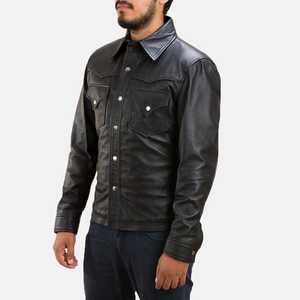 Men's Black Genuine Leather Shirt Jacket With <b>Button</b> Closure Turn-down Collar Casual Style Autumn Wear - Product Image 4