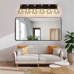 Lampada da Bagno Moderna Geometrica a 6 Luci da 38 Pollici con Accenti in Metallo Nero e Legno, Paralume a Gabbia per Bagno e Camera da Letto - Product Image 3