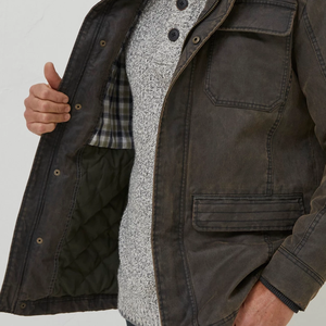 Men's Dark Brown Canvas Workwear Shirt <b>Jacket</b> Stand Collar Zipper Closure Pockets Regular Fit Autumn Solid Color Washed Finish - Product Image 4