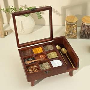 Handcrafted 9-Compartment <b>Square</b> Wooden <b>Table</b> Top Masala Dabba Spice Containers with Spoon Dishwasher Safe <b>Kitchen</b> Box - Product Image 1