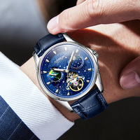 NANKIN Moon Phase 42MM Caja de acero inoxidable Relojes mecánicos Tourbillon de lujo para hombre Correa de cuero azul Cristal de zafiro