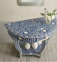 Table console ovale en bois avec incrustations d'os et d'agate, table d'appoint pour entrée ou salon
