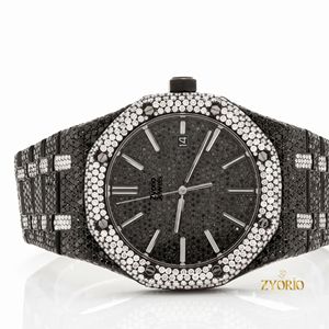 Montre-bracelet de luxe unisexe en acier inoxydable, mouvement quartz, étanche 10 bars, avec cadran squelette noir ETA et pavé complet de moissanite, style Hip Hop, personnalisable - Product Image 1