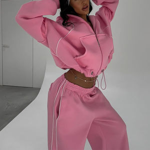 ชุดเซ็ตฮู้ดดี้ครอปทรงหลวมสีชมพูแบบมีซิป ผ้าหนานุ่ม พร้อมกางเกงขายาวทรงหลวมไหล่ตก - Product Image 2