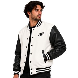 Chaqueta Acolchada Varsity con Capucha para Hombre, Blanca y Negra, Impermeable, Resistente al Viento, Mangas de Poliéster, Cierre de Cremallera, Ribete a Rayas - Product Image 2