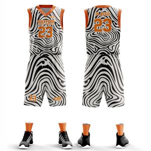 Ensemble de maillots de basket-ball personnalisés imprimés par sublimation pour hommes, col en V, sans manches, motif zèbre, uniforme en maille orange - Product Image 1